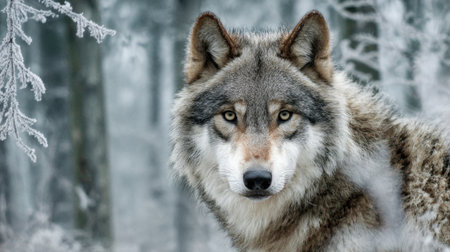 An elegant wolf gazes directly at the viewer surrounded by icy branches in a serene forest.の素材
