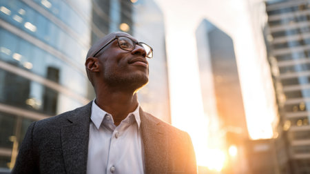 A man stands confidently in a sleek urban environment looking up as the sun sets reflecting optimism.の素材