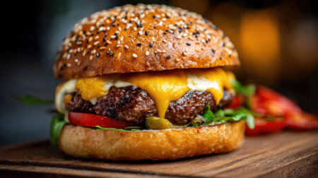 Mouthwatering cheeseburger features fresh ingredients and melted cheese served on a rustic wooden board.の素材