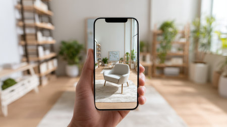 A person holds a smartphone displaying virtual furniture in a stylish room filled with plants. This showcases innovative technology that helps with home decorating choices.の素材