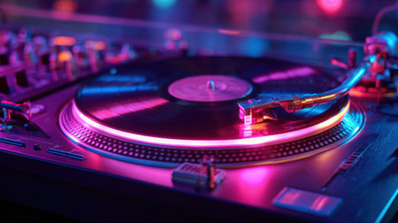 A vinyl record rotates smoothly on a turntable, illuminated by vibrant lights in a music venue. The atmosphere is energetic as people enjoy the sound of live DJ mixing and dancing.の素材