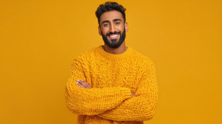 Bright yellow background highlights a smiling young man wearing a cozy knitted sweater exuding joy.の素材