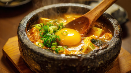 Delicious stew warms the room with steam as egg sits atop tofu and green onions in stone pot.の素材