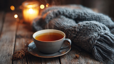 A steaming cup of tea rests on a wooden table, surrounded by the warm glow of a candle. Nearby, a soft gray scarf adds a cozy touch to the serene atmosphere.の素材