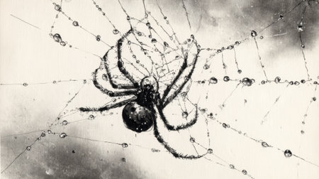A spider skillfully spins its delicate web glistening with dew under soft morning light.の素材