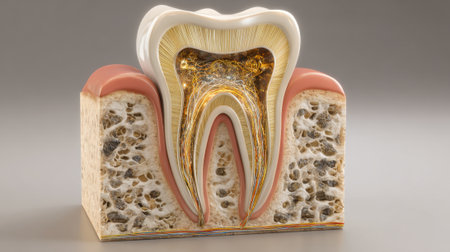 A three dimensional model reveals the intricate layers and composition of a human tooth highlighting enamel dentin and pulp.の素材
