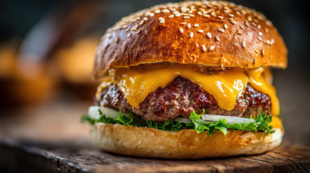 Mouthwatering burger features rich beef patty melty cheese and crisp vegetables inviting enjoyment.の素材