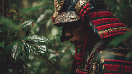 A lone warrior dressed in ornate armor quietly observes the dense green jungle as night approaches.の素材