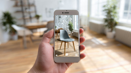 A person holds a smartphone showing a stylish chair in a well-lit indoor environment. The room features wooden floors and greenery, creating a cozy atmosphere.の素材