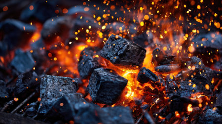 Charcoal burns brightly, emitting sparks and heat during a summer evening barbecue in a backyard. Friends gather nearby, ready to enjoy grilled food and good company.の素材