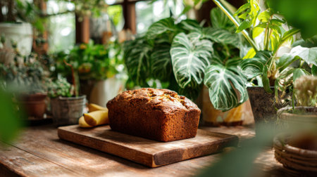 A loaf of freshly baked bread rests on a wooden cutting board. Lush green plants fill the sunlight space around it, creating a warm and inviting atmosphere in a cozy home setting.の素材