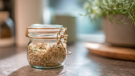 A small glass jar filled with fragrant spices sits on a kitchen counter. Soft light highlights the jar, while a potted plant adds a touch of green nearby.の素材