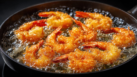 Golden shrimp are frying in a skillet filled with hot oil, creating a crispy coating. Bubbles rise around the succulent seafood, enhancing a delightful cooking scene.の素材