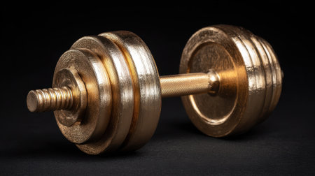 A heavy gold dumbbell rests on a dark surface, showing its smooth design. It is perfect for strength training and will enhance any workout routine at home.の素材