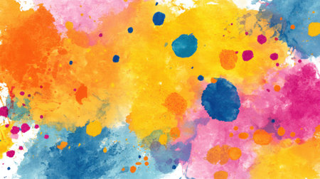 Bright and colorful paint splashes create a vibrant abstract design. The mix of orange, blue, yellow, and pink offers an energetic visual suitable for art projects or backgrounds.の素材