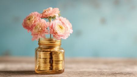 A jar filled with golden coins sits on a rustic wooden table, topped with delicate pink flowers, creating a charming and inviting atmosphere in a cozy indoor space.の素材