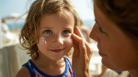 A mother gently applies sunscreen to her child's face while sitting on a beach. The sun shines brightly in the background, and people are enjoying the sunny weather nearby.の素材