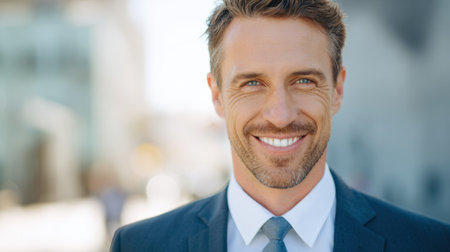 A man in a dark suit stands outdoors, smiling broadly with a backdrop of city buildings on a bright day. His friendly demeanor brightens the bustling environment around him.の素材