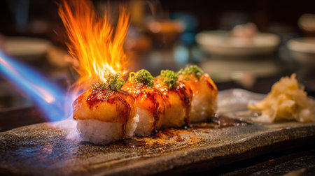 Delicious sushi rolls catch fire showcasing an exciting cooking technique in a lively dining setting.の素材