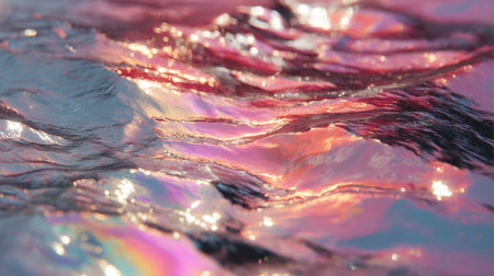 Vibrant colors dance across the water's surface as the sun sets. Soft waves create a mesmerizing pattern, reflecting hues of pink, orange, and blue in a peaceful lakeside scene.の素材