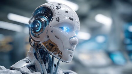 A humanoid robot with a sleek design and glowing blue eyes stands in a high-tech lab. The background features sophisticated machinery and bright LED lights.の素材