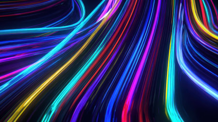 Bright streaks of neon colors swirl and twist against a black background, showing an energetic vibe typical of nightlife and celebrations. The light patterns evoke excitement and movement.の素材