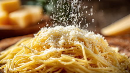 A plate of spaghetti sits on a wooden table with freshly grated cheese being sprinkled on top. The warm kitchen background suggests a homemade meal with love.の素材