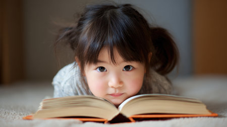 A young girl lies on her stomach deeply focused on a large book in a warm and inviting space.の素材