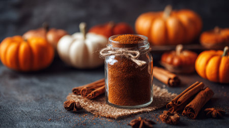 A glass jar filled with warm brown spice sits on burlap with pumpkins and cinnamon sticks in autumn.の素材