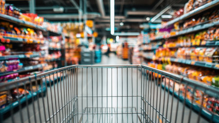 A shopping cart stands empty waiting in the aisle of a bustling supermarket filled with colorful products.の素材