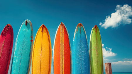 Bright surfboards in vibrant colors stand tall against a clear blue sky creating a cheerful scene.の素材