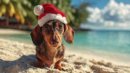 A small dog with a Santa hat stands on the soft sand by the beautiful turquoise ocean enjoying the sunny weather.の素材