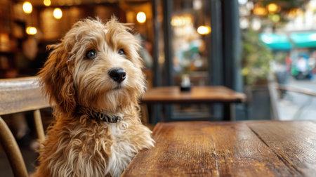 A fluffy puppy sits quietly at a cafe table eagerly watching the bustling city around it.の素材
