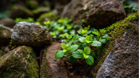 Mint plants emerge vibrantly between smooth stones showcasing natures resilience and beauty.の素材