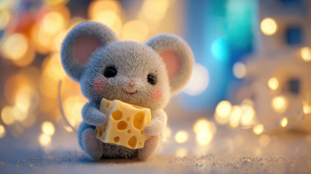 A furry mouse smiles while holding cheese surrounded by twinkling lights in a cozy setting.の素材