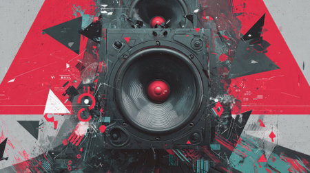 Bold speaker designs and vivid colors create an energetic composition that celebrates sound.の素材