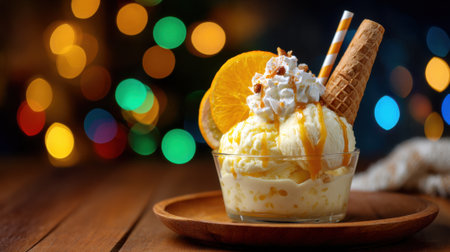 A tempting bowl of vanilla ice cream topped with an orange slice and whipped cream sits on a wooden table.の素材