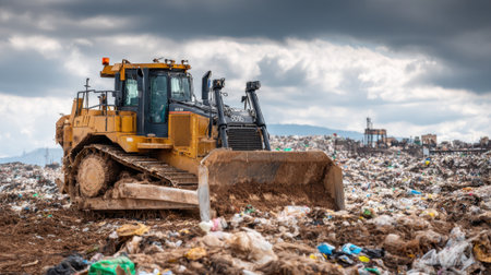 Heavy machinery works diligently to manage waste at a bustling landfill surrounded by endless refuse.の素材