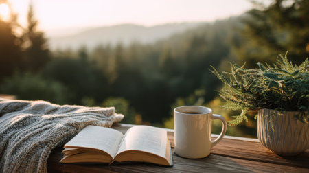 A cozy scene features a book open beside a steaming cup of coffee on a wooden table amidst a lush forest.の素材