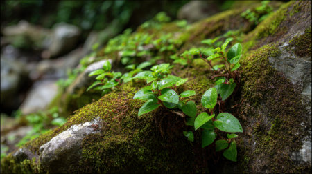 Tiny green plants grow vibrantly on a moss covered rock in a serene forest setting.の素材