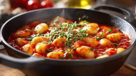 Gnocchi is bubbling in a cast iron skillet surrounded by fresh ingredients and herbs creating a warm atmosphere.の素材
