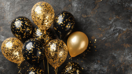 Balloons filled with confetti in gold and black colors await a lively party scene.の素材