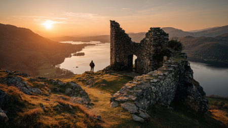 Ruins stand majestically on a hill as a vibrant sunset paints the sky above a tranquil lake.の素材