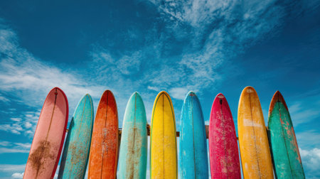 Surfboards in vibrant colors stand tall against a stunning sky capturing beach vibes and joy.の素材