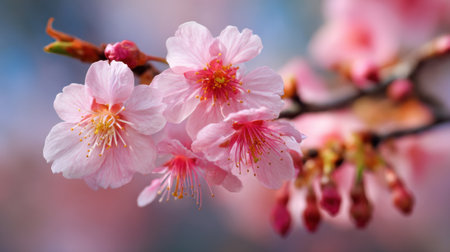 Cherry blossoms are in full bloom showcasing vibrant pink petals and delicate details under bright sunlight.の素材