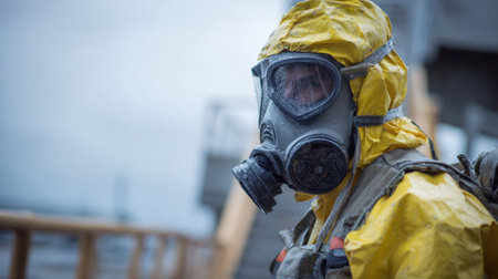 A hazmat worker dressed in a yellow suit and respirator stands ready for operations near the water.の素材