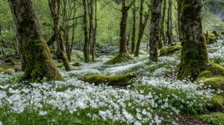 A serene forest scene showcases vibrant greenery and a blanket of white blossoms in spring.の素材