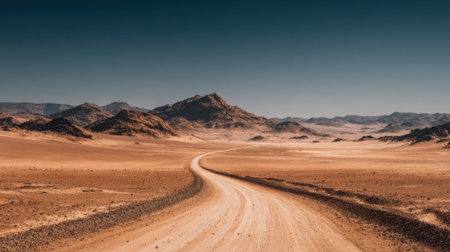 A long winding road stretches through a vast desert framed by distant mountains and endless sandy terrain.の素材