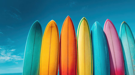 Brightly colored surfboards stand in a row against a clear blue sky creating a vibrant beach scene.の素材