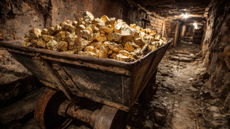 A cart stacked high with shiny gold rocks rests in a dimly lit old mine tunnel.の素材